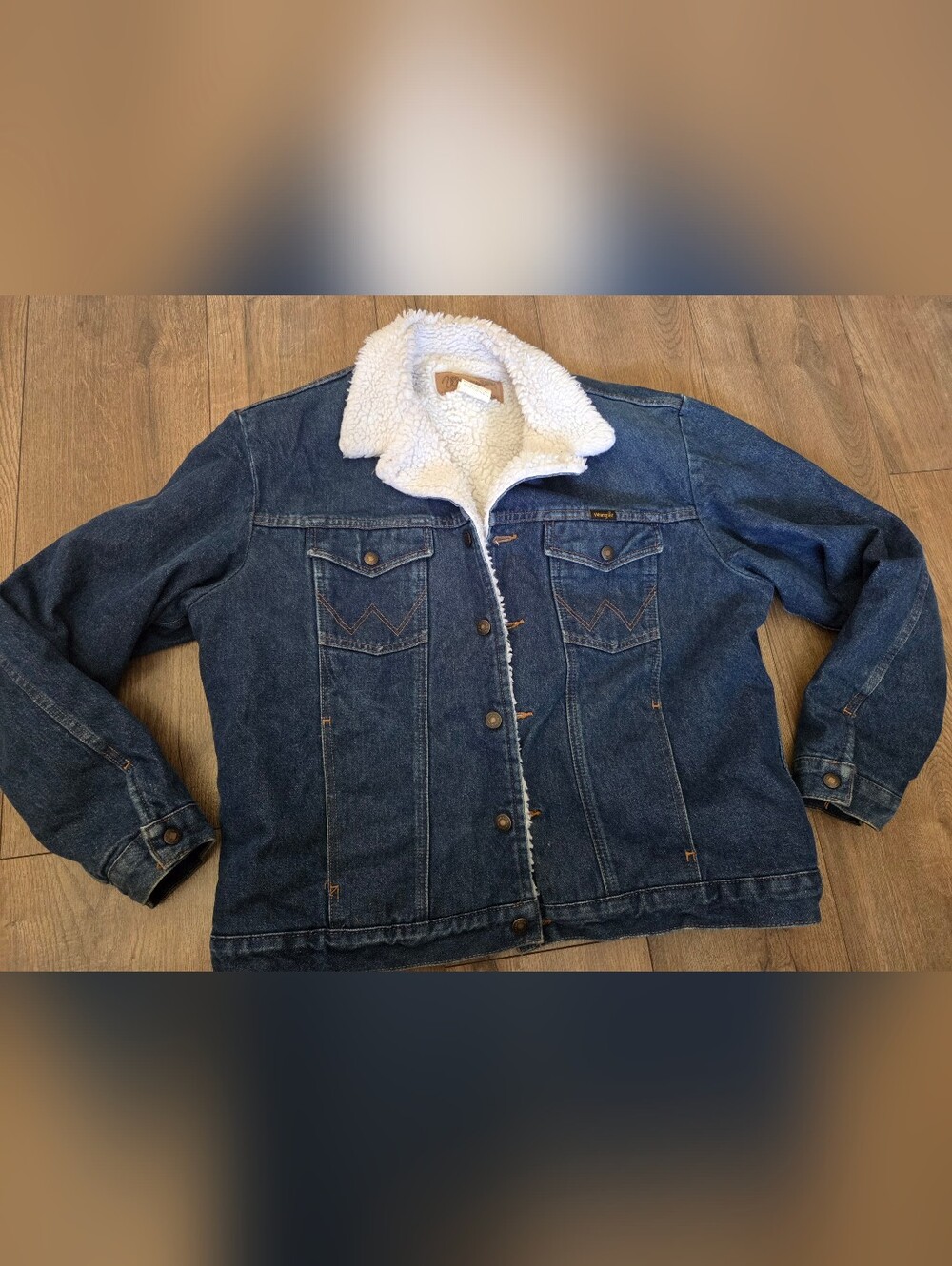 Wrangler Sherpa-Lined Denim Jacket in Blue with White Collar